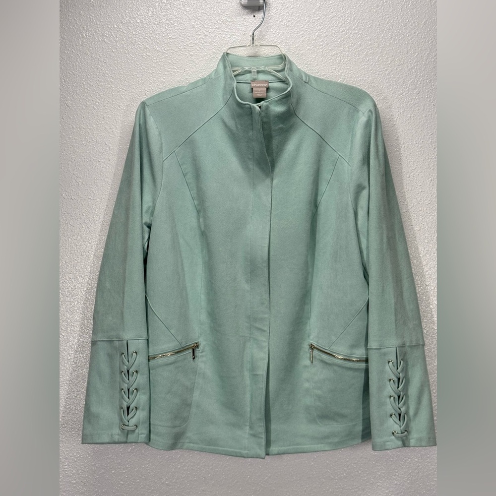 Chicos Micro Faux Suede Hidden Zip Moto Full Zip Blazer Jacket  Seamist Green 12 - Picture 5 of 11